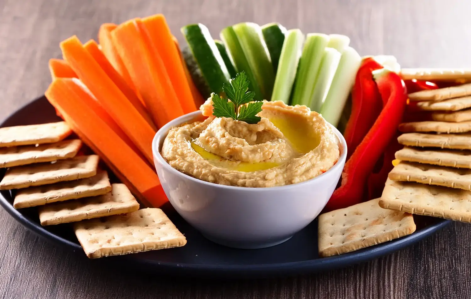 Hummus z krakersami i słupkami warzyw