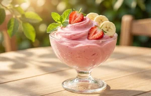 Ekspresowe lody bananowo-truskawkowe w szklanym pucharku stoją na stole na tarasie latem.