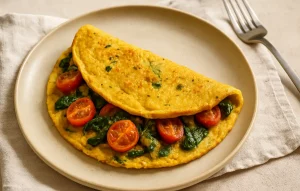 Przepis na omlet z mąki z ciecierzycy ze szpinakiem i pomidorkami koktajlowymi.