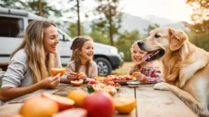 Przy stole na campingu siedzi mama z 2 córkami i psem, będąc na diecie wegańskiej jedzą owoce.