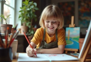 Uśmiechnięta dziewczynka o blond włosach siedzi przy biurku w pokoju dziecięcym i robi ćwiczenia na pamięć.