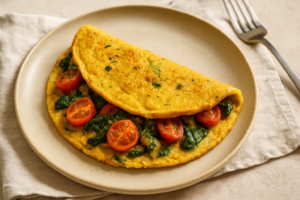 Przepis na omlet z mąki z ciecierzycy ze szpinakiem i pomidorkami koktajlowymi.