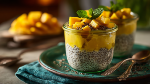 Przepis na pudding chia z mango na mleczku kokosowym.