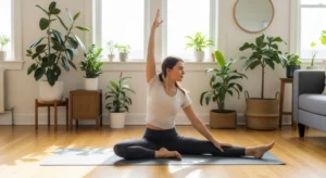 Młoda kobieta w legginsach i koszulce ćwiczy w salonie na macie jogę dla początkujących.