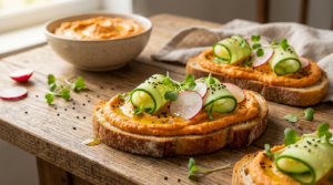 Kanapki z hummusem z czerwonej soczewicy i świeżymi warzywami leżą na drewnianym blacie w kuchni.