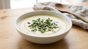 Krem z kalafiora z ciecierzycą i nerkowcami w głębokim, białym talerzu na drewnianym stole w kuchni.