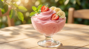 Ekspresowe lody bananowo-truskawkowe w szklanym pucharku stoją na stole na tarasie latem.