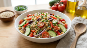 Śródziemnomorska sałatka z ciecierzycą i komosą ryżową na talerzu na stole w kuchni.